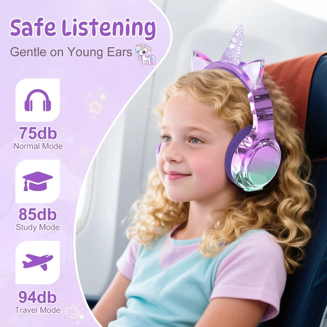 Alt view image 2 of 7 - Kids Unicorn Bluetooth Headphones, 60H, 74/85/94dB Volume Limit For school with mic, fast charging, foldable design, wired mode, Wireless headphones for kids, girls boys, tablet, travel