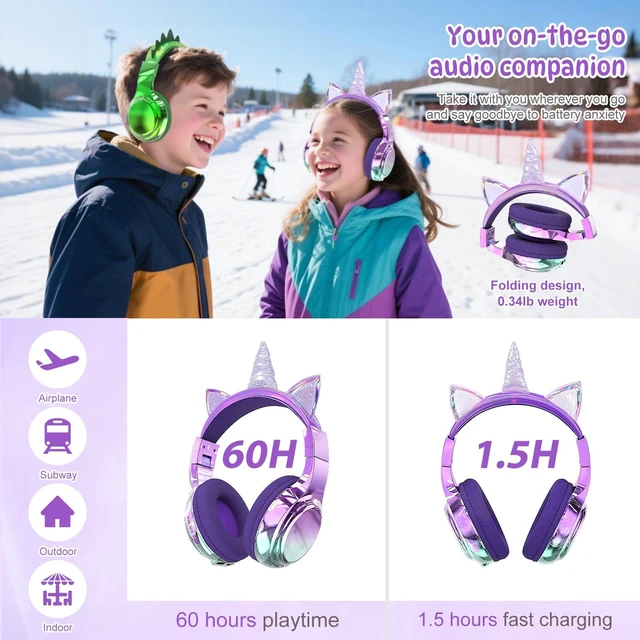 Alt view image 3 of 7 - Kids Unicorn Bluetooth Headphones, 60H, 74/85/94dB Volume Limit For school with mic, fast charging, foldable design, wired mode, Wireless headphones for kids, girls boys, tablet, travel