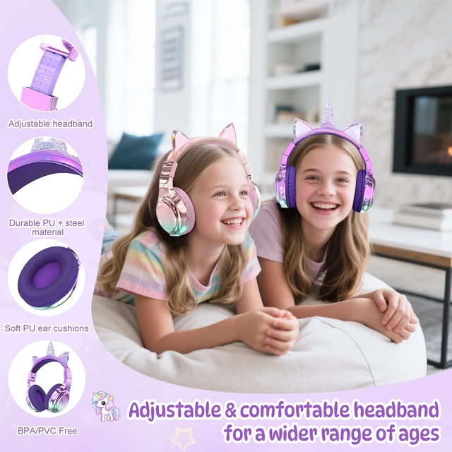 Alt view image 4 of 7 - Kids Unicorn Bluetooth Headphones, 60H, 74/85/94dB Volume Limit For school with mic, fast charging, foldable design, wired mode, Wireless headphones for kids, girls boys, tablet, travel