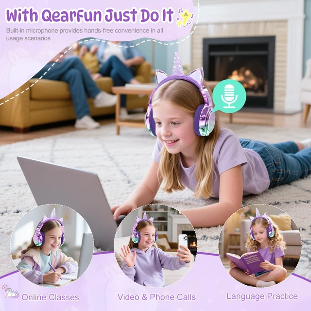 Alt view image 5 of 7 - Kids Unicorn Bluetooth Headphones, 60H, 74/85/94dB Volume Limit For school with mic, fast charging, foldable design, wired mode, Wireless headphones for kids, girls boys, tablet, travel