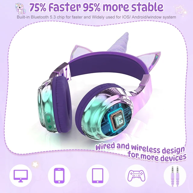 Alt view image 6 of 7 - Kids Unicorn Bluetooth Headphones, 60H, 74/85/94dB Volume Limit For school with mic, fast charging, foldable design, wired mode, Wireless headphones for kids, girls boys, tablet, travel