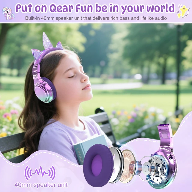 Alt view image 7 of 7 - Kids Unicorn Bluetooth Headphones, 60H, 74/85/94dB Volume Limit For school with mic, fast charging, foldable design, wired mode, Wireless headphones for kids, girls boys, tablet, travel