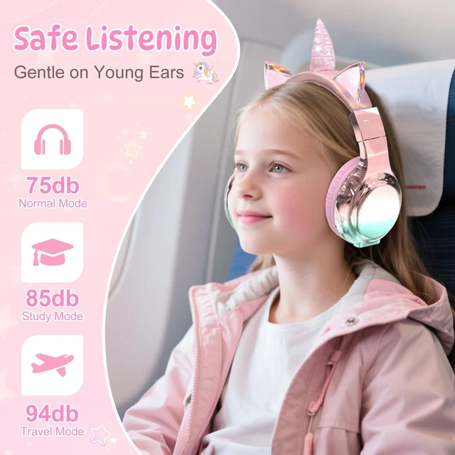Alt view image 2 of 7 - Kids Unicorn Bluetooth Headphones, 60H, 74/85/94dB Volume Limit For school with mic, fast charging, foldable design, wired mode, Wireless headphones for kids, girls boys, tablet, travel