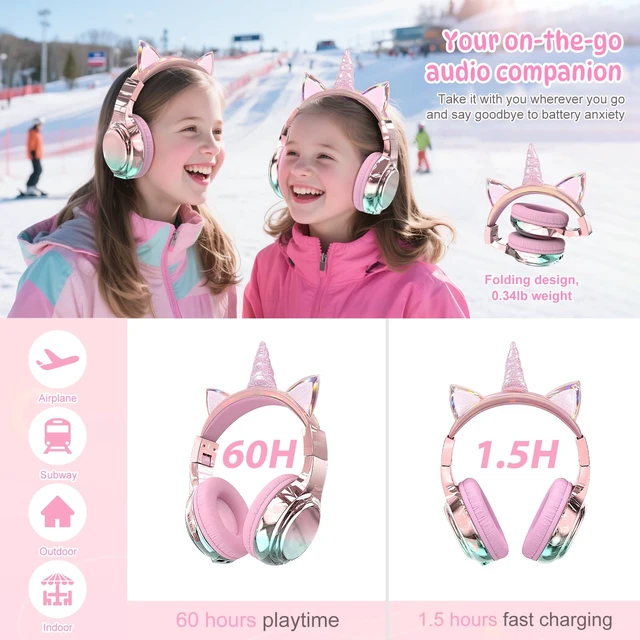 Alt view image 3 of 7 - Kids Unicorn Bluetooth Headphones, 60H, 74/85/94dB Volume Limit For school with mic, fast charging, foldable design, wired mode, Wireless headphones for kids, girls boys, tablet, travel