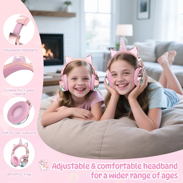 Alt view image 4 of 7 - Kids Unicorn Bluetooth Headphones, 60H, 74/85/94dB Volume Limit For school with mic, fast charging, foldable design, wired mode, Wireless headphones for kids, girls boys, tablet, travel