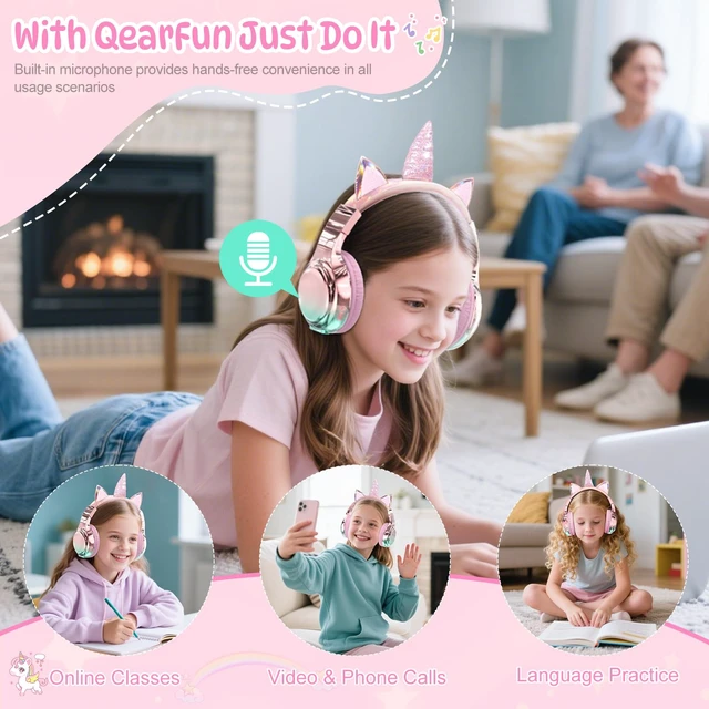 Alt view image 5 of 7 - Kids Unicorn Bluetooth Headphones, 60H, 74/85/94dB Volume Limit For school with mic, fast charging, foldable design, wired mode, Wireless headphones for kids, girls boys, tablet, travel