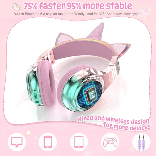 Alt view image 6 of 7 - Kids Unicorn Bluetooth Headphones, 60H, 74/85/94dB Volume Limit For school with mic, fast charging, foldable design, wired mode, Wireless headphones for kids, girls boys, tablet, travel