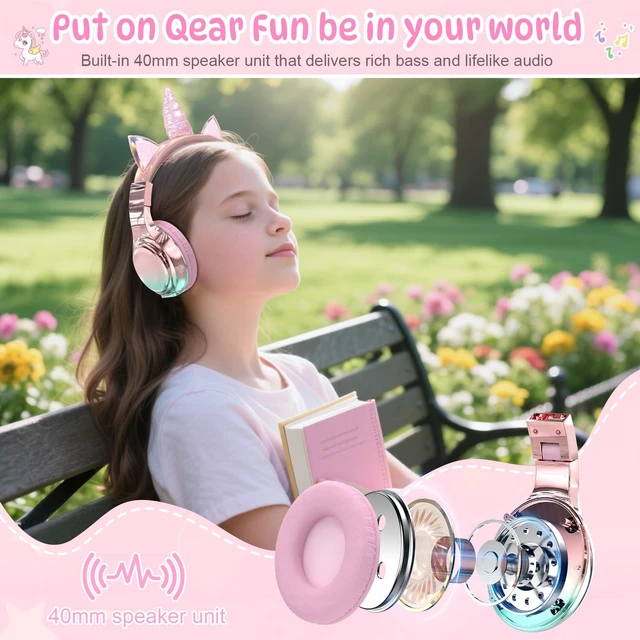Alt view image 7 of 7 - Kids Unicorn Bluetooth Headphones, 60H, 74/85/94dB Volume Limit For school with mic, fast charging, foldable design, wired mode, Wireless headphones for kids, girls boys, tablet, travel