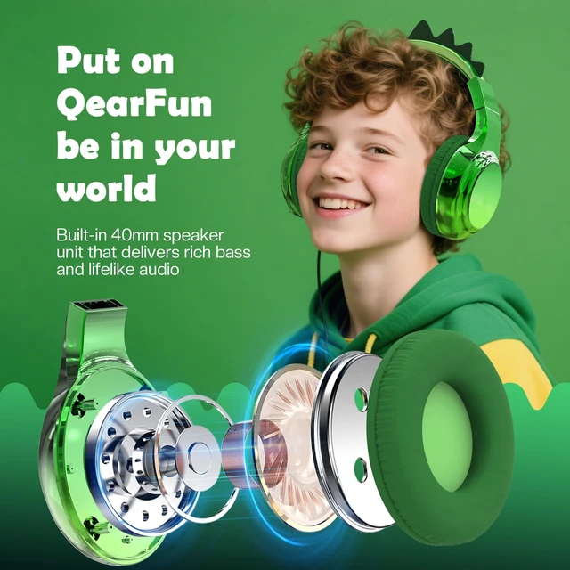 Alt view image 3 of 7 - Kids Dinosaur Bluetooth Headphones, 60H, 74/85/94dB Volume Limit For school with mic, fast charging, foldable design, wired mode, Wireless headphones for kids, girls boys, tablet, travel