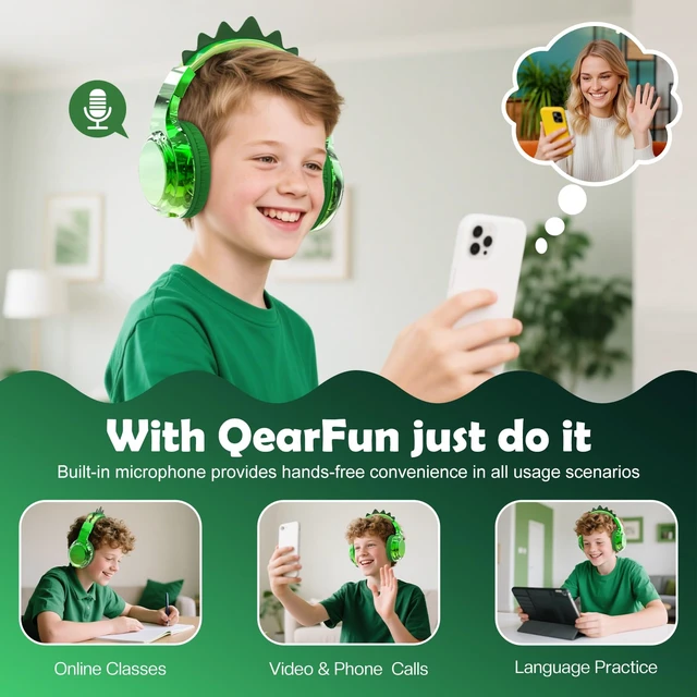 Alt view image 4 of 7 - Kids Dinosaur Bluetooth Headphones, 60H, 74/85/94dB Volume Limit For school with mic, fast charging, foldable design, wired mode, Wireless headphones for kids, girls boys, tablet, travel