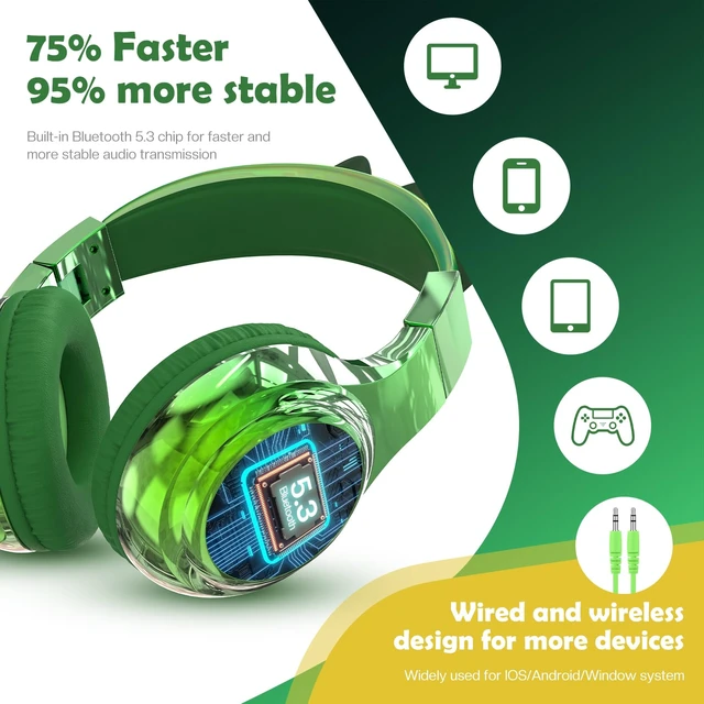 Alt view image 5 of 7 - Kids Dinosaur Bluetooth Headphones, 60H, 74/85/94dB Volume Limit For school with mic, fast charging, foldable design, wired mode, Wireless headphones for kids, girls boys, tablet, travel