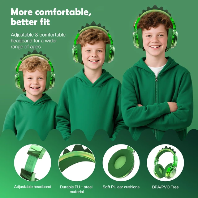 Alt view image 6 of 7 - Kids Dinosaur Bluetooth Headphones, 60H, 74/85/94dB Volume Limit For school with mic, fast charging, foldable design, wired mode, Wireless headphones for kids, girls boys, tablet, travel