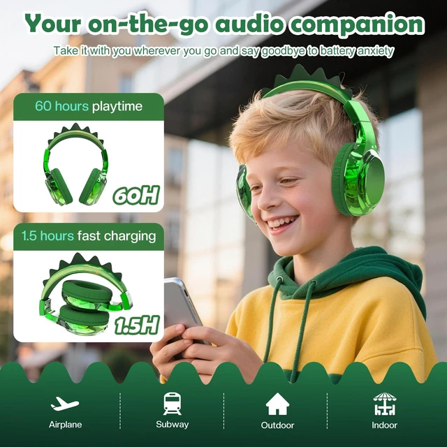 Alt view image 7 of 7 - Kids Dinosaur Bluetooth Headphones, 60H, 74/85/94dB Volume Limit For school with mic, fast charging, foldable design, wired mode, Wireless headphones for kids, girls boys, tablet, travel