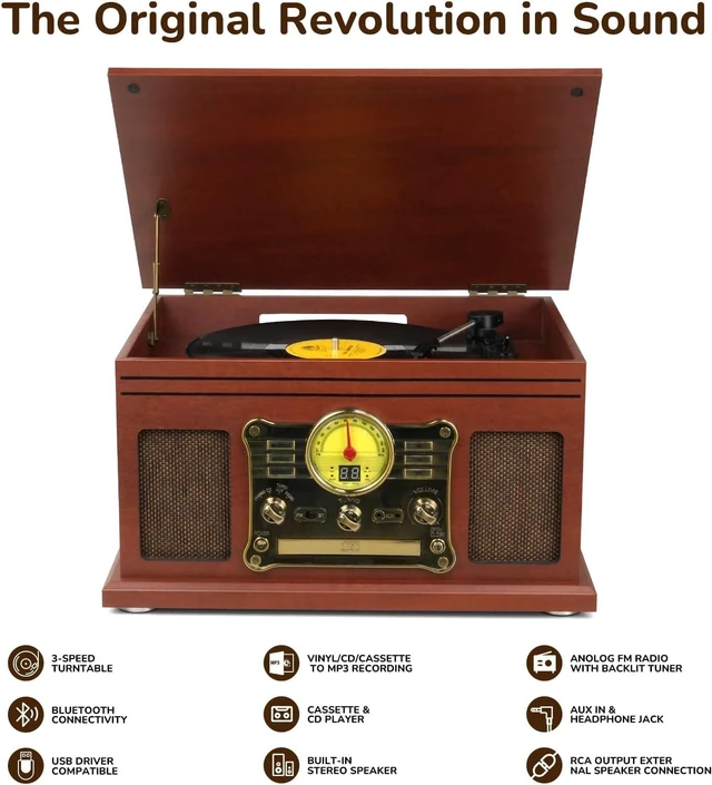 Main image of Bluetooth Record Player 10 in 1, 3-Speed Turntable for Vinyl with Speakers, LP to MP3 Converter, CD, Cassette Player, FM Radio, Wireless Streaming Mahogany