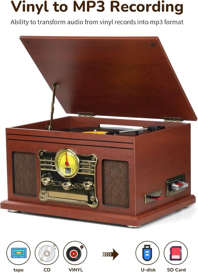 Alt view image 2 of 6 - Bluetooth Record Player 10 in 1, 3-Speed Turntable for Vinyl with Speakers, LP to MP3 Converter, CD, Cassette Player, FM Radio, Wireless Streaming Mahogany