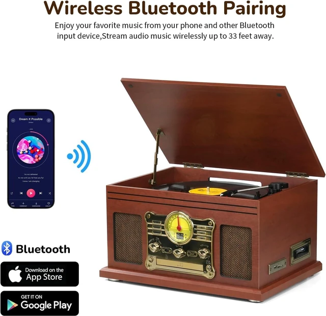 Alt view image 3 of 6 - Bluetooth Record Player 10 in 1, 3-Speed Turntable for Vinyl with Speakers, LP to MP3 Converter, CD, Cassette Player, FM Radio, Wireless Streaming Mahogany