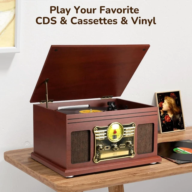 Alt view image 5 of 6 - Bluetooth Record Player 10 in 1, 3-Speed Turntable for Vinyl with Speakers, LP to MP3 Converter, CD, Cassette Player, FM Radio, Wireless Streaming Mahogany