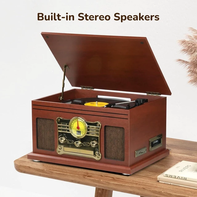 Alt view image 4 of 6 - Bluetooth Record Player 10 in 1, 3-Speed Turntable for Vinyl with Speakers, LP to MP3 Converter, CD, Cassette Player, FM Radio, Wireless Streaming Mahogany