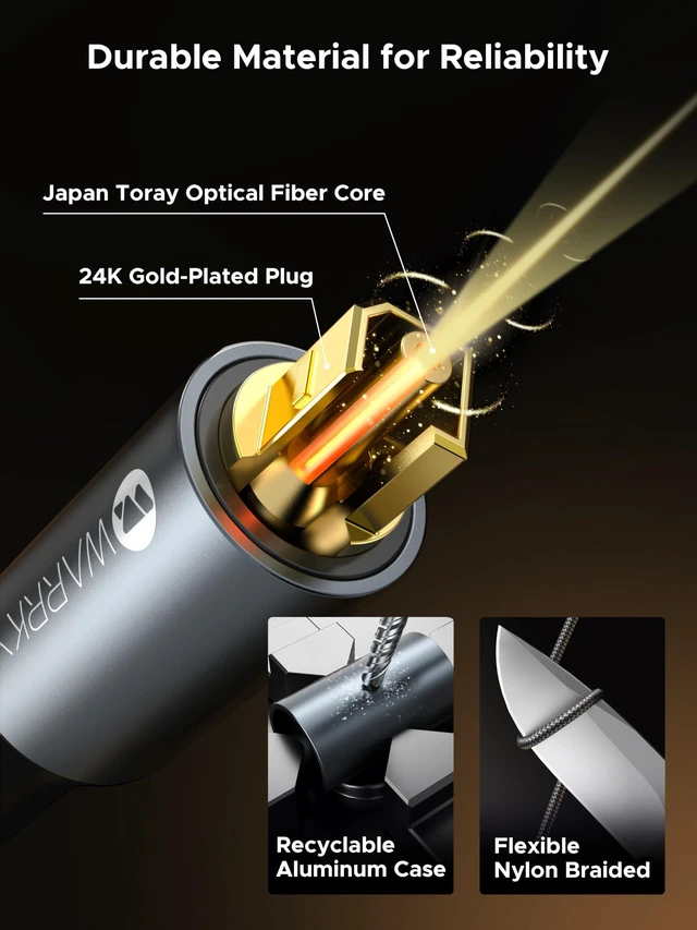 Alt view image 3 of 6 - Optical Audio Cable for Soundbar and TV, 25ft, Gold-Plated, Braided Fiber Optic Toslink Cable for Soundbar & Home Theater Japanese Toray Core, Gold-Plated Connectors, Dolby DTS Compatible