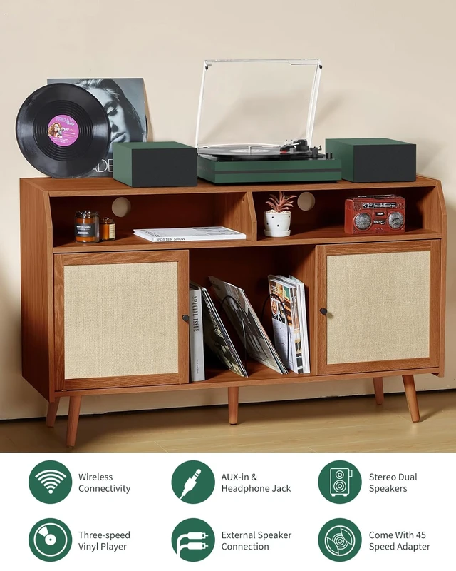 Alt view image 6 of 7 - ® Record Player for Vinyl with External Speakers,Green Stylish Belt-Drive Turntable,Dual Stereo Bookshelf Speakers,LP Players,3 Speed,BT Wireless Input,AUX,Headphone,Auto Stop,Modern Style