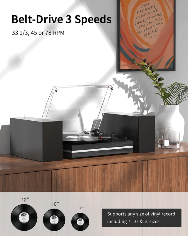Alt view image 2 of 7 - ® Vintage Vinyl Record Player with 2 External Speakers,Wood Black Belt-Drive Turntable,Dual Stereo Bookshelf Speakers,LP Players,3 Speed,BT Wireless Input,AUX,Headphone,Auto Stop,Retro Style