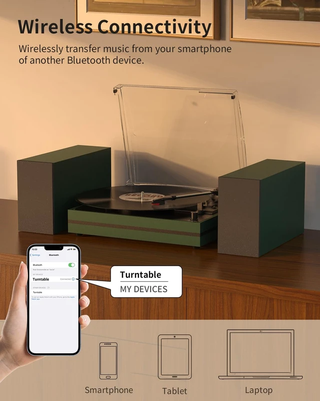 Alt view image 7 of 7 - ® Record Player for Vinyl with External Speakers,Green Stylish Belt-Drive Turntable,Dual Stereo Bookshelf Speakers,LP Players,3 Speed,BT Wireless Input,AUX,Headphone,Auto Stop,Modern Style