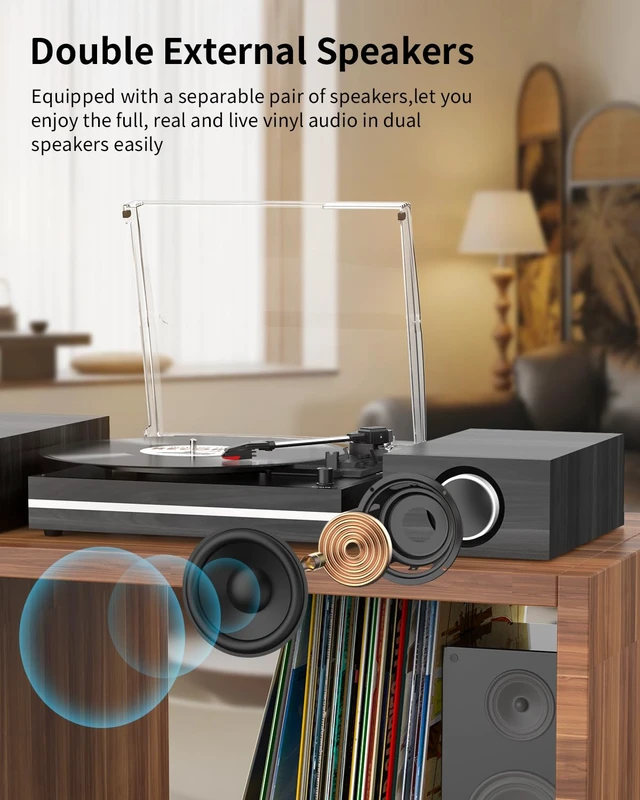 Alt view image 3 of 7 - ® Vintage Vinyl Record Player with 2 External Speakers,Wood Black Belt-Drive Turntable,Dual Stereo Bookshelf Speakers,LP Players,3 Speed,BT Wireless Input,AUX,Headphone,Auto Stop,Retro Style
