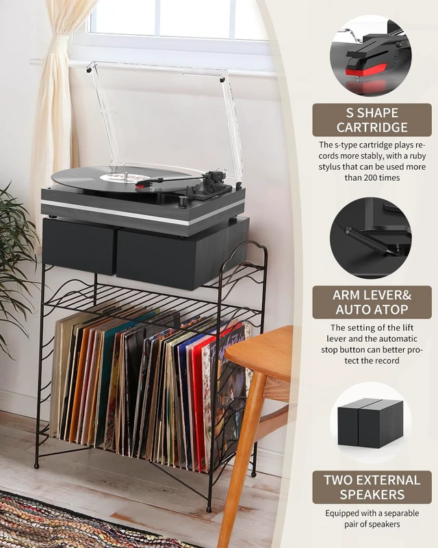 Alt view image 4 of 7 - ® Vintage Vinyl Record Player with 2 External Speakers,Wood Black Belt-Drive Turntable,Dual Stereo Bookshelf Speakers,LP Players,3 Speed,BT Wireless Input,AUX,Headphone,Auto Stop,Retro Style