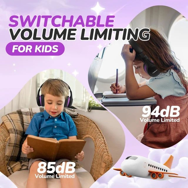 Alt view image 2 of 7 - Kids Bluetooth Headphones Foldable, 60Hrs, Built-in Mic-Purple 85/94dB Volume Limited, Stereo Sound, Type-C Fast Charging, Bluetooth 5.4, Wireless Headphones for Kids Toddler Travel School