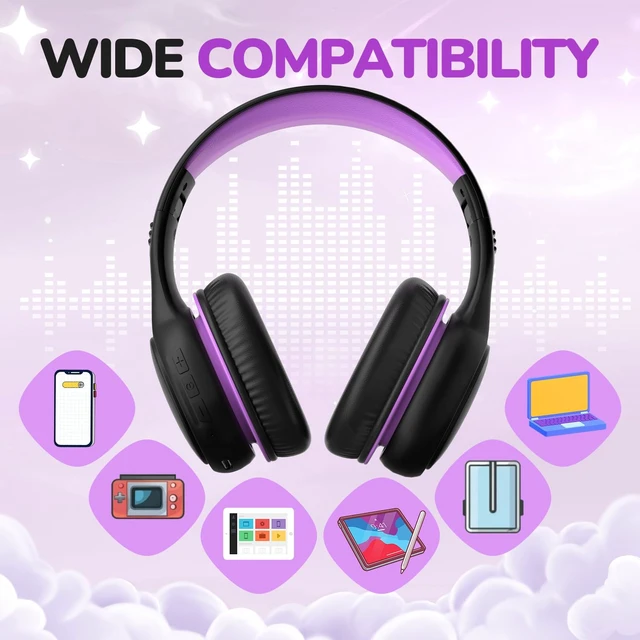 Alt view image 7 of 7 - Kids Bluetooth Headphones Foldable, 60Hrs, Built-in Mic-Purple 85/94dB Volume Limited, Stereo Sound, Type-C Fast Charging, Bluetooth 5.4, Wireless Headphones for Kids Toddler Travel School
