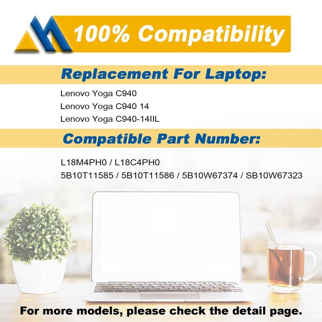 Alt view image 5 of 6 - L18M4PH0 L18C4PH0 Laptop Battery Replacement for Lenovo Yoga C940-14IIL Yoga C940 15irh 14 Series 5B10T11585 5B10W67374 5B10T11586 5B10W67180 7.68V 60Wh 7820mAh 4-Cell
