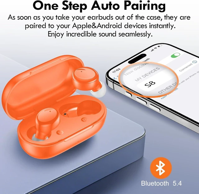 Alt view image 5 of 7 - True Wireless Earbuds Bluetooth 5.4, in Ear Headphones 48H Playtime,Light Weight, Built in Mic, Premium Sound with Deep Bass, Clear Calls for Sports Workout Orange
