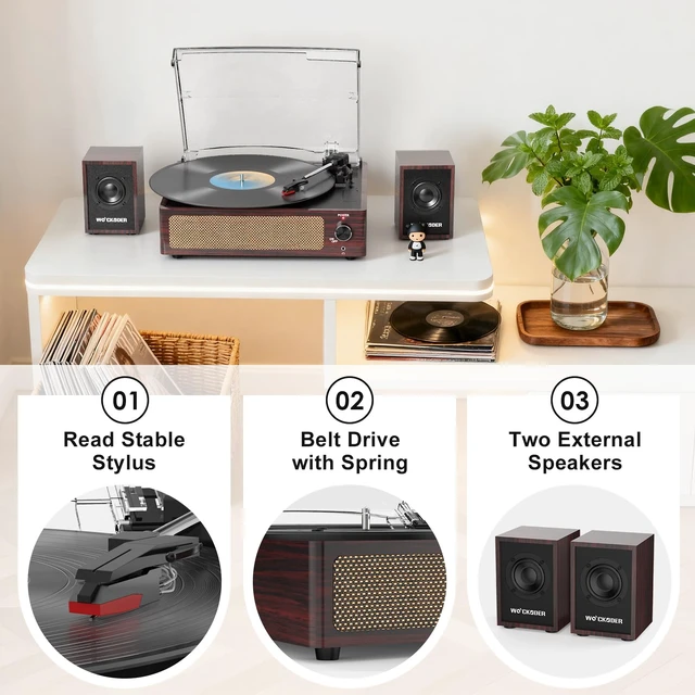 Alt view image 3 of 7 - Vinyl Record Player with 2 External Passive Speakers,Dark Red Patented Design,Belt-Drive Vintage Turntable,Bookshelf Speakers,3 Speed,BT Wireless Input,AUX Headphone,Auto Stop,Retro Style