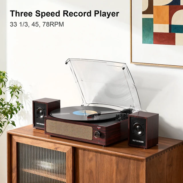 Alt view image 2 of 7 - Vinyl Record Player with 2 External Passive Speakers,Dark Red Patented Design,Belt-Drive Vintage Turntable,Bookshelf Speakers,3 Speed,BT Wireless Input,AUX Headphone,Auto Stop,Retro Style