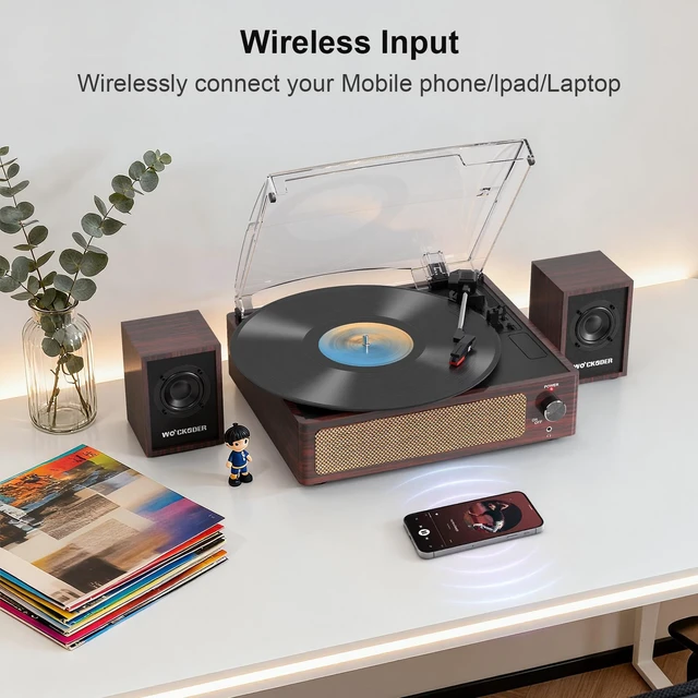 Alt view image 4 of 7 - Vinyl Record Player with 2 External Passive Speakers,Dark Red Patented Design,Belt-Drive Vintage Turntable,Bookshelf Speakers,3 Speed,BT Wireless Input,AUX Headphone,Auto Stop,Retro Style