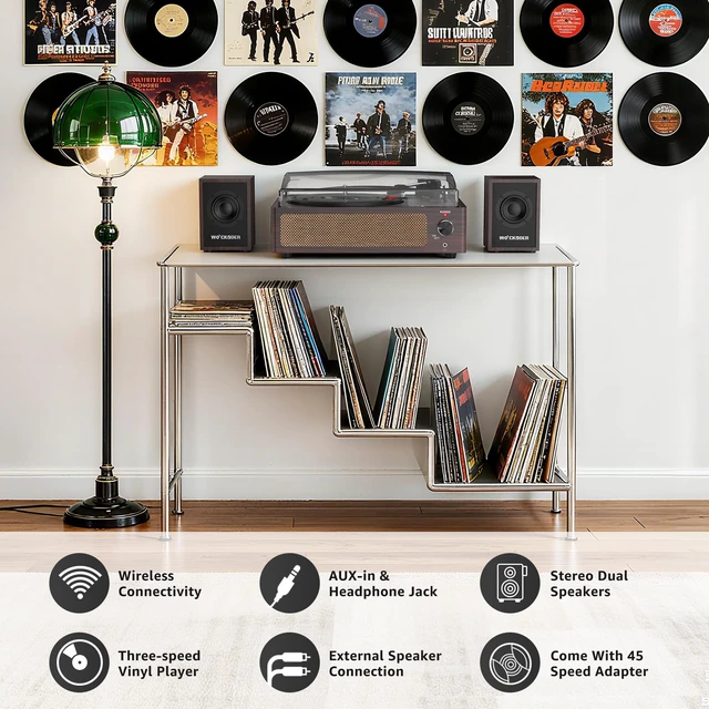 Alt view image 5 of 7 - Vinyl Record Player with 2 External Passive Speakers,Dark Red Patented Design,Belt-Drive Vintage Turntable,Bookshelf Speakers,3 Speed,BT Wireless Input,AUX Headphone,Auto Stop,Retro Style
