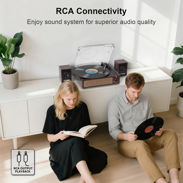 Alt view image 6 of 7 - Vinyl Record Player with 2 External Passive Speakers,Dark Red Patented Design,Belt-Drive Vintage Turntable,Bookshelf Speakers,3 Speed,BT Wireless Input,AUX Headphone,Auto Stop,Retro Style