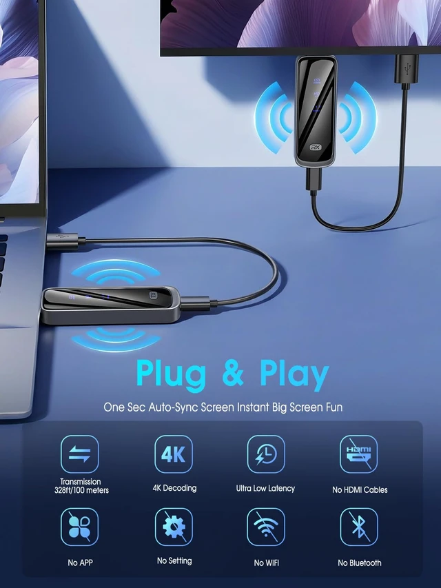 Alt view image 2 of 7 - 2026 Upgraded Wireless HDMI Transmitter and Receiver 328FT/100M, Plug & Play Portable 5G+2.4G Remote Control Extenders for Video and Audio to Monitor from PC/Projector