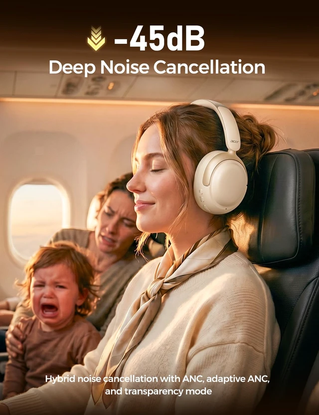 Alt view image 3 of 7 - OHR703 Adaptive Noise Cancelling Bluetooth Headphones, Over Ear, Cream Hi-Res LDAC wireless audio, 45dB Hybrid noise cancelling, Transparency mode, 160H Long battery life for travel, Bluetooth 6.0