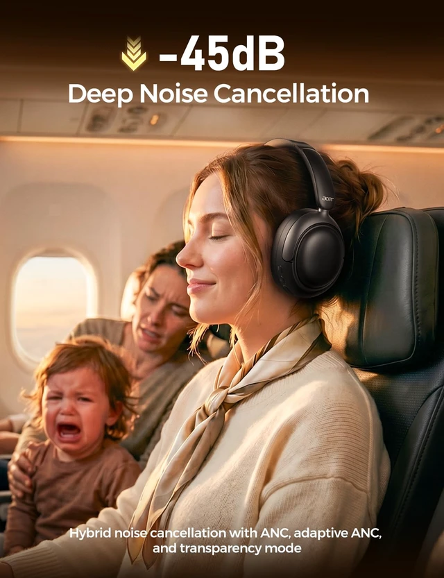 Alt view image 3 of 7 - OHR703 Adaptive Noise Cancelling Bluetooth Headphones, Over Ear, Black Hi-Res LDAC wireless audio, 45dB Hybrid noise cancelling, Transparency mode, 160H Long battery life for travel, Bluetooth 6.0