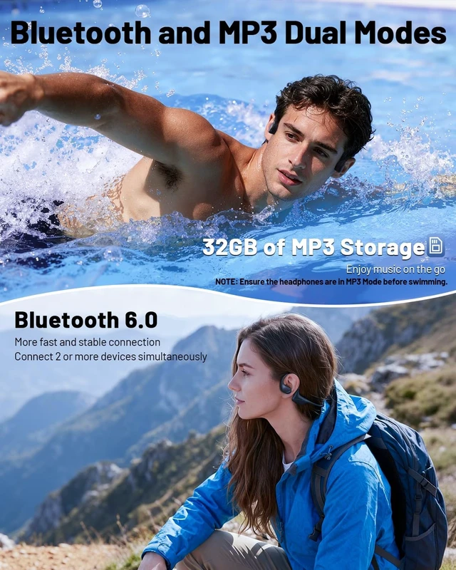 Alt view image 5 of 7 - Bone Conduction Swimming Headphones IPX8 Waterproof Open Ear Earbuds Bone-Air Conduction Dual Driver with Bluetooth 6.0, 32GB Memory 8H MP3 Mode Playtime Ear buds for Swimming