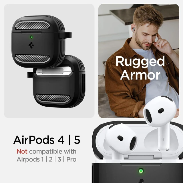 Alt view image 2 of 7 - Rugged Armor Designed for AirPods 5 / AirPods 4 Case (2026/2024) TPU & PC Dual Layer Protection, Included Carabiner, Wireless Charging Compatible - Matte Black