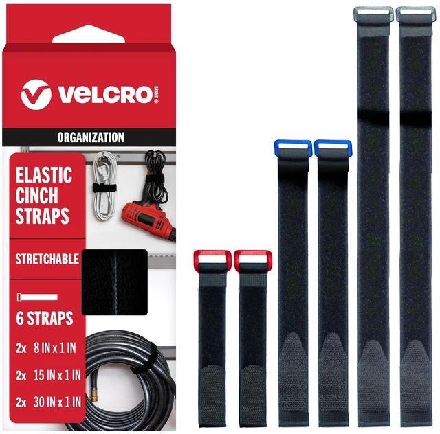 Main image of Elastic Cinch Straps with Buckle, 6pc Variety Pack 8"-15"-30" Stretchable And Adjustable For A Snug Fit; Fastens Power Cords, Lumber, Bicycles, Sleeping Bags, Outdoor Umbrellas, more