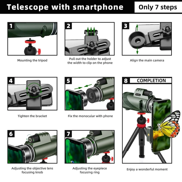 Alt view image 5 of 7 - 40X60 Monocular Telescope, High Power Monocular for Adults with Phone Adapter & Tripod & Hand Strap, Equipped with BAK4 Prism for Bird Watching