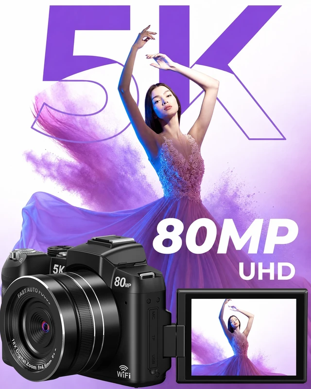 Alt view image 2 of 7 - Cameras for Photography 5K Digital Camera WiFi 80MP UHD Autofocus Vlogging 5K Camera for YouTube, Fast Autofocus, Travel Video Camara Beginner, 3" 270° Flip Screen, 18X Zoom, Memory Card, Lens Hood