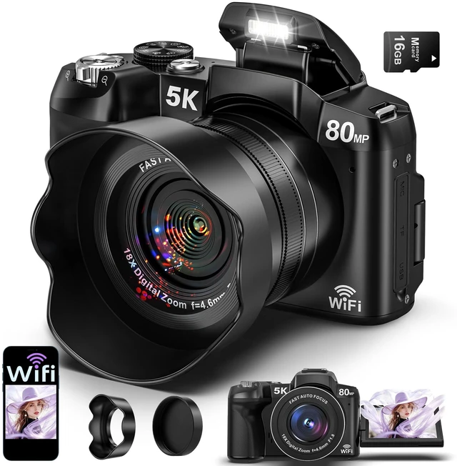 Main image of Cameras for Photography 5K Digital Camera WiFi 80MP UHD Autofocus Vlogging 5K Camera for YouTube, Fast Autofocus, Travel Video Camara Beginner, 3" 270° Flip Screen, 18X Zoom, Memory Card, Lens Hood