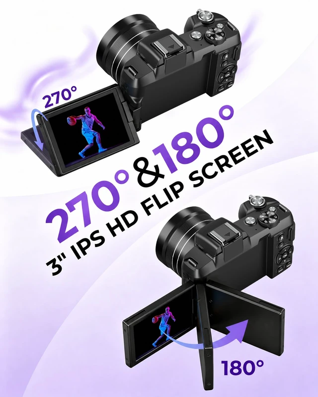 Alt view image 5 of 7 - Cameras for Photography 5K Digital Camera WiFi 80MP UHD Autofocus Vlogging 5K Camera for YouTube, Fast Autofocus, Travel Video Camara Beginner, 3" 270° Flip Screen, 18X Zoom, Memory Card, Lens Hood