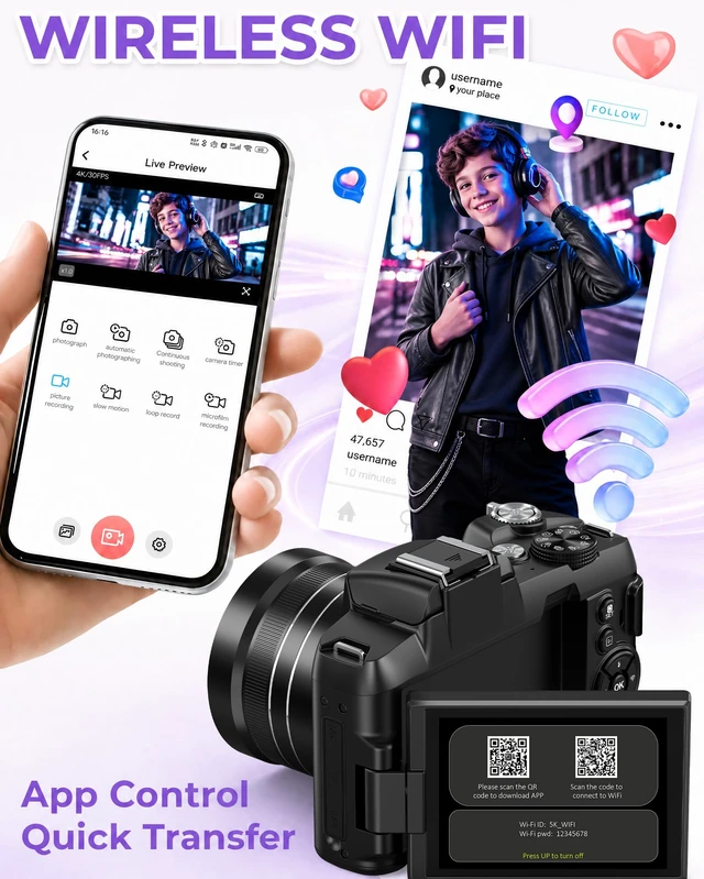 Alt view image 6 of 7 - Cameras for Photography 5K Digital Camera WiFi 80MP UHD Autofocus Vlogging 5K Camera for YouTube, Fast Autofocus, Travel Video Camara Beginner, 3" 270° Flip Screen, 18X Zoom, Memory Card, Lens Hood