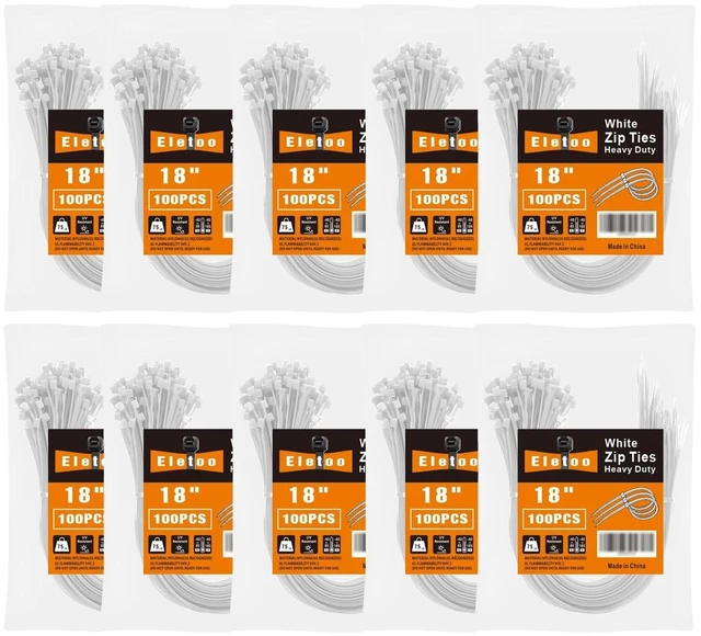 Main image of 18 inch White Zip Ties Heavy Duty 1000 Pack Long Cable Ties 75 LBS Extra Strong, UV Resistant Cable Ties, Clear Zip Ties, Weatherproof, Self-Locking for Indoor and Outdoor