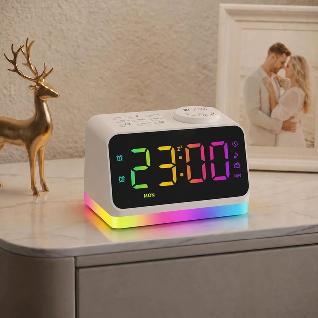Main image of Digital Alarm Clock with FM Radio for Bedroom, 8 Colors Night Light with 2 Charging Port, Sleep Sound Machines with Timer, Dual Alarm, Loud Alarm and Easy to Use for Seniors as Gift